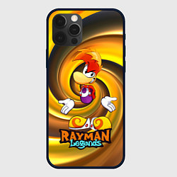 Чехол iPhone 12 Pro Rayman Legends на фоне желтой спирали