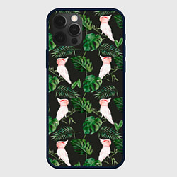 Чехол для iPhone 12 Pro Белые попугаи и листья, цвет: 3D-черный
