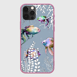Чехол iPhone 12 Pro Разноцветные акварельные рыбки и белые водоросли