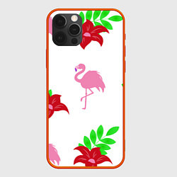 Чехол для iPhone 12 Pro Розовый фламинго с цветами, цвет: 3D-красный
