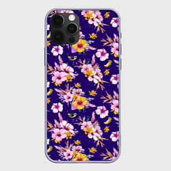 Чехол iPhone 12 Pro Цветы Разноцветные Гибискус и Ирисы На Синем Фоне