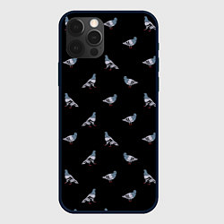 Чехол iPhone 12 Pro Голуби на черном паттерн