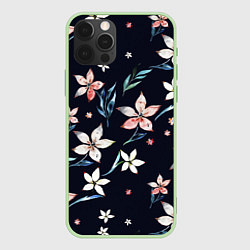 Чехол iPhone 12 Pro Цветы Нарисованные Акварелью На Чёрном Фоне