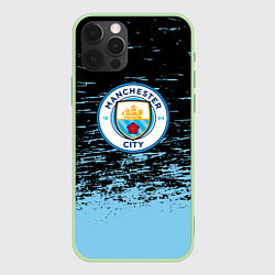 Чехол iPhone 12 Pro Манчестер сити голубые брызги на черном фоне