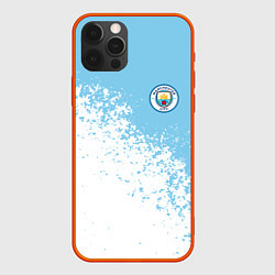 Чехол для iPhone 12 Pro Manchester city белые брызги на голубом фоне, цвет: 3D-красный