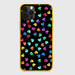 Чехол iPhone 12 Pro Сердечки разноцветные на черном
