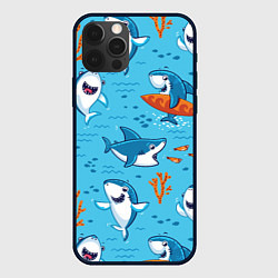 Чехол для iPhone 12 Pro Прикольные акулята - паттерн, цвет: 3D-черный