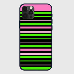 Чехол iPhone 12 Pro Полосаты узор в зелено-розовых оттенках на черном