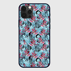 Чехол для iPhone 12 Pro Голубые тропические листья и цветы, цвет: 3D-черный
