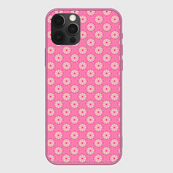 Чехол для iPhone 12 Pro Белые цветочки на розовом фоне, цвет: 3D-малиновый
