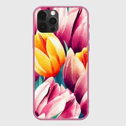 Чехол для iPhone 12 Pro Букет акварельных тюльпанов, цвет: 3D-малиновый