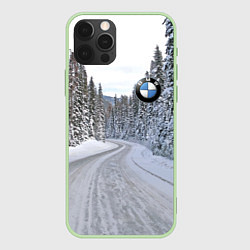 Чехол для iPhone 12 Pro BMW - зимняя дорога через лес, цвет: 3D-салатовый