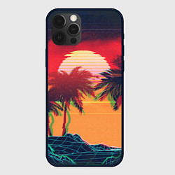 Чехол iPhone 12 Pro Пальмы и пляж на закате с помехами VHS ретро дизай