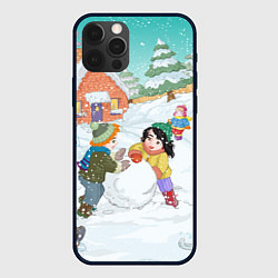 Чехол iPhone 12 Pro Новогодние каникулы - дети лепят снеговика