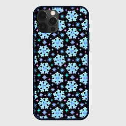 Чехол iPhone 12 Pro Яркие зимние снежинки с цветными звездами