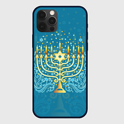 Чехол iPhone 12 Pro Золотая менора с синим цветочным орнаментом