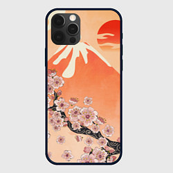 Чехол для iPhone 12 Pro Ветка цветущей сакуры и вулкан, цвет: 3D-черный