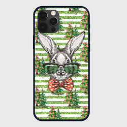 Чехол для iPhone 12 Pro Кролик в очках на фоне елок, цвет: 3D-черный