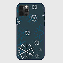 Чехол iPhone 12 Pro Белые снежинки на синем фоне