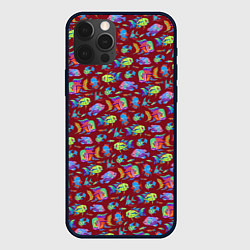 Чехол для iPhone 12 Pro Тропические рыбки на бордовом, цвет: 3D-черный