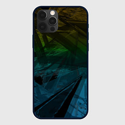 Чехол iPhone 12 Pro Черный абстрактный узор на сине-зеленом фоне