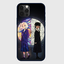 Чехол для iPhone 12 Pro Энид и Уэнсдэй на фоне окна, цвет: 3D-черный