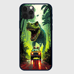 Чехол iPhone 12 Pro Динозавр в погоне за машиной в джунглях