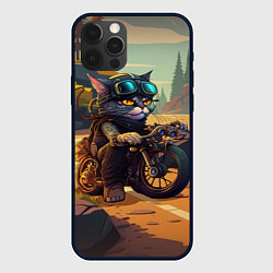 Чехол для iPhone 12 Pro Кот на мотоцикле - байкер, цвет: 3D-черный