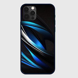 Чехол iPhone 12 Pro Абстрактные синие и белые линии на черном фоне