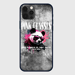 Чехол iPhone 12 Pro Панда в розовых очках на сером фоне