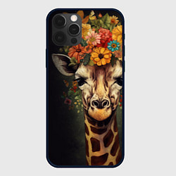 Чехол iPhone 12 Pro Портрет жирафа с цветами: арт нейросети