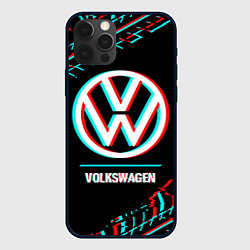 Чехол iPhone 12 Pro Значок Volkswagen в стиле glitch на темном фоне