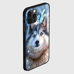 Чехол для iPhone 12 Pro Хаски с голубыми глазами в зимнем лесу, цвет: 3D-черный — фото 2
