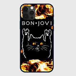 Чехол iPhone 12 Pro Bon Jovi рок кот и огонь