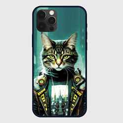 Чехол для iPhone 12 Pro Funny cat on the background of skyscrapers, цвет: 3D-черный