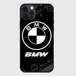 Чехол iPhone 12 Pro BMW speed на темном фоне со следами шин