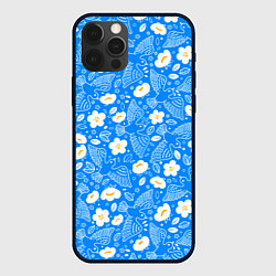 Чехол iPhone 12 Pro Белые птицы голуби и цветы яблони на синем фоне не