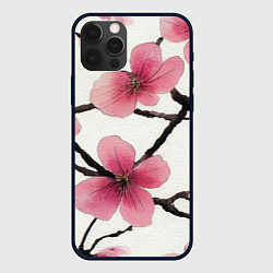 Чехол для iPhone 12 Pro Цветы и ветви японской сакуры - текстура холста, цвет: 3D-черный