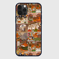 Чехол iPhone 12 Pro Коллаж из сказочных зверей - совы, белки, ёжики