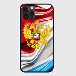 Чехол iPhone 12 Pro Герб России на фоне флага