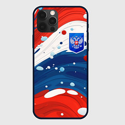 Чехол iPhone 12 Pro Триколор брызги краски и герб РФ