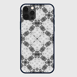 Чехол iPhone 12 Pro Черно-белый ажурный кружевной узор Геометрия