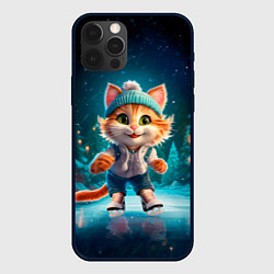 Чехол для iPhone 12 Pro Мультяшный котенок на коньках, цвет: 3D-черный