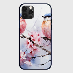 Чехол iPhone 12 Pro Птицы в ветвях сакуры акварель