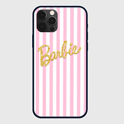 Чехол для iPhone 12 Pro Barbie - золотая надпись и бело-розовые полосы, цвет: 3D-черный