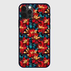 Чехол iPhone 12 Pro Красные цветы с синими листьями узор