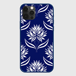 Чехол для iPhone 12 Pro Абстрактные белые лотосы на синем - паттерн, цвет: 3D-тёмно-синий