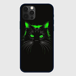 Чехол iPhone 12 Pro Черный кот в зеленом свечении
