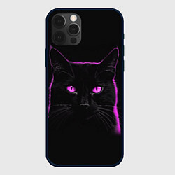 Чехол iPhone 12 Pro Черный кот в розовом свечении