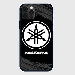 Чехол iPhone 12 Pro Yamaha speed на темном фоне со следами шин